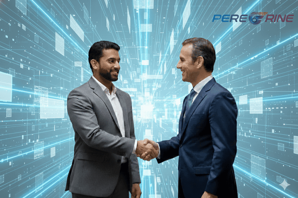 Two business professionals shaking hands in front of a digital data backdrop