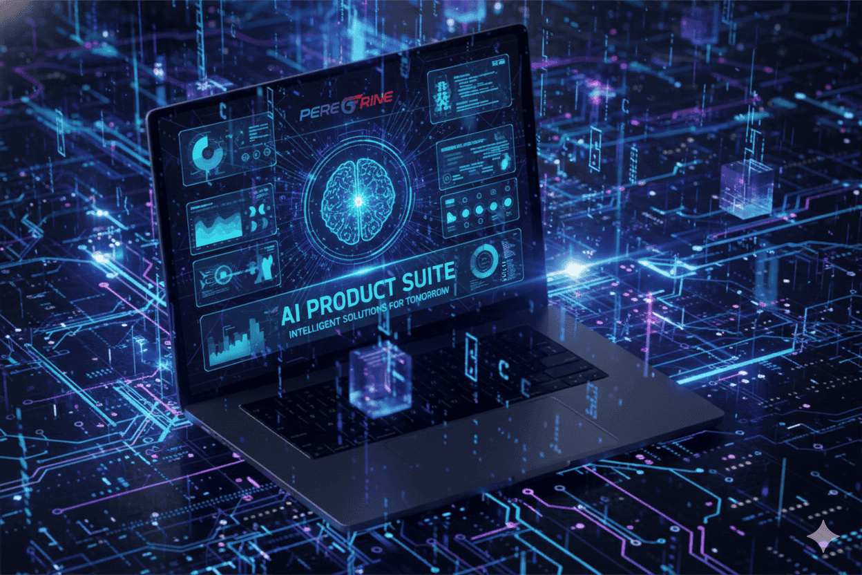 Laptop displaying a Peregrine AI product dashboard with analytics panels