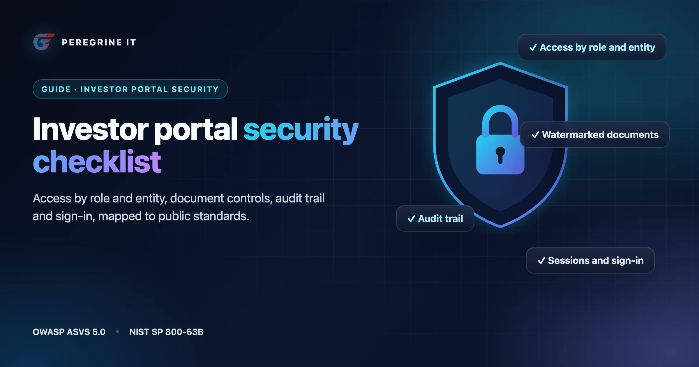Illustration: a shield with a padlock and four checklist items: access by role and entity, watermarked documents, audit trail, sessions and sign-in.